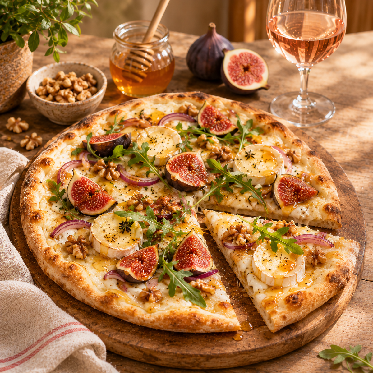Pizza blanche aux figues, chèvre et miel