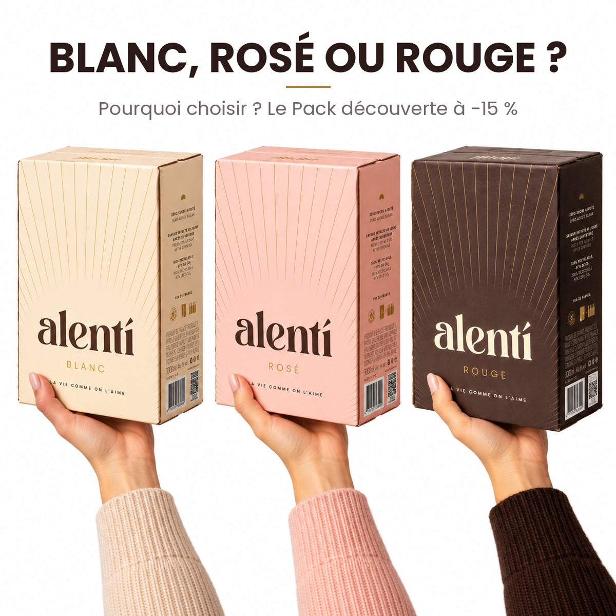 Trois mains tenant les cubis de vin Alentí blanc, rosé et rouge : le Pack découverte à -15 %